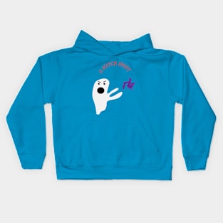 Halloween illustration of ghost and witch on white background with red font Kids Hoodie